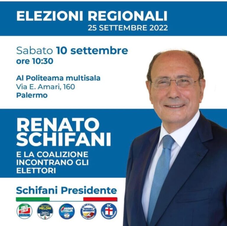 Regionali Sicilia: il candidato alla presidenza della Regione Renato Schifani il 10 settembre a Palermo