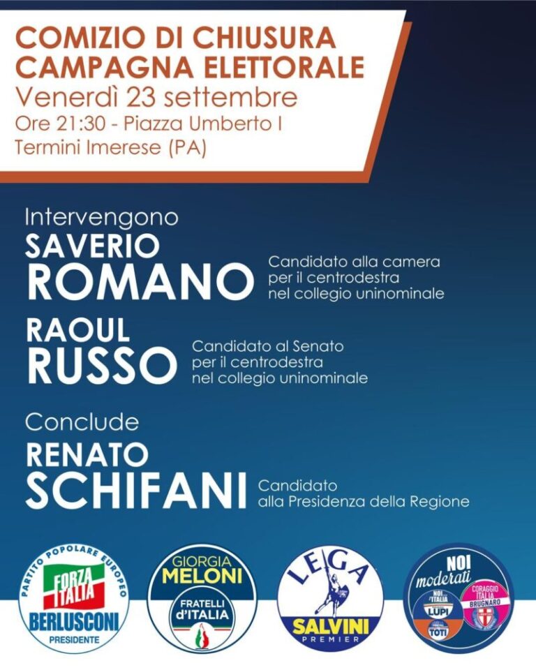 Termini Imerese: il 23 settembre comizio di chiusura coalizione centro destra, conclude Renato Schifani