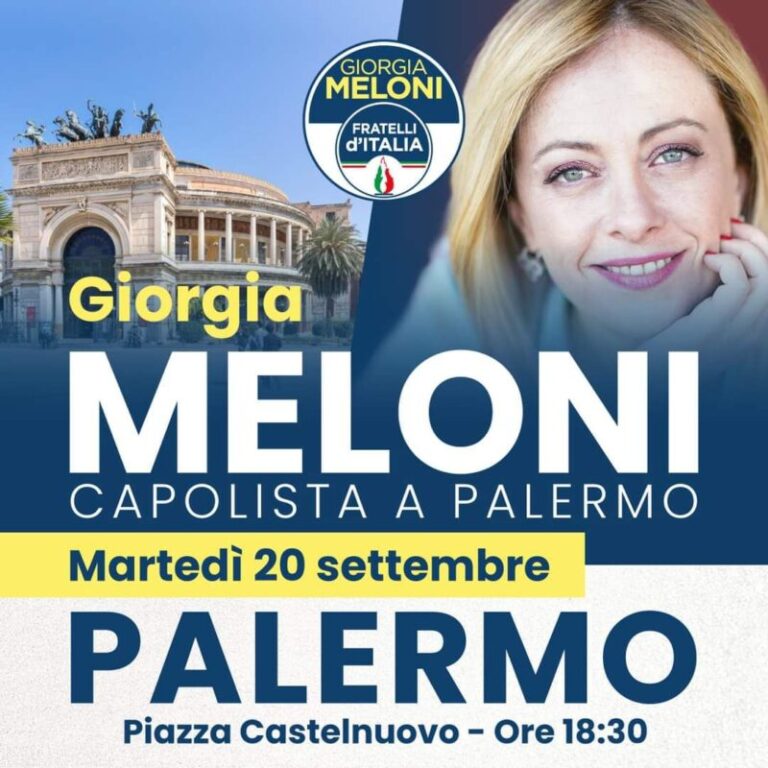 Elezioni: Giorgia Meloni il 20 settembre a Palermo in piazza Castelnuovo