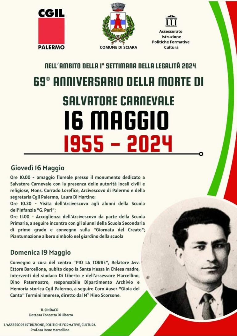 Sciara, giovedì il ricordo del 69° anniversario di Salvatore Carnevale, il segretario della Camera del Lavoro ucciso dalla mafia il 16 maggio 1955